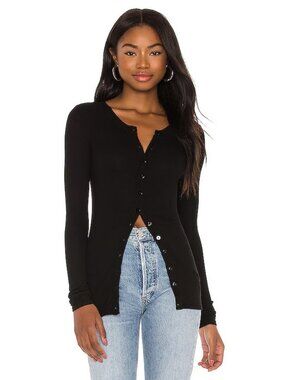 Enza Costa Silk Rib Fitted Long Sleeve Cardigan in Black